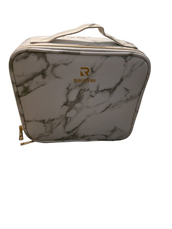 Relavel Handbags - Reinvei Marble-Print Cosmetic Case in White with Gold Accents